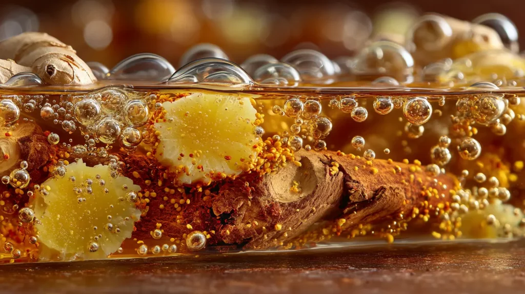 costa rican slimming tea fresh pineapple chunks and ginger root slices close-up showing bromelain enzymes and gingerol compounds