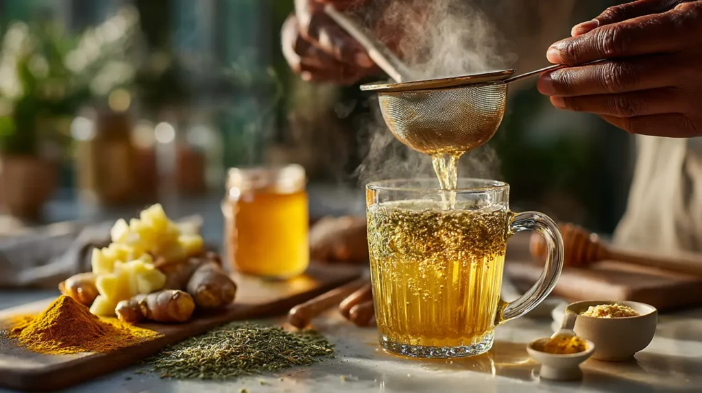 costa rican slimming tea woman preparing by straining golden tea with pineapple ginger turmeric green tea ingredients in kitchen