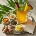 costa rican slimming tea recipe card showing finished drink with ginger turmeric pineapple green tea honey ingredients for weight loss