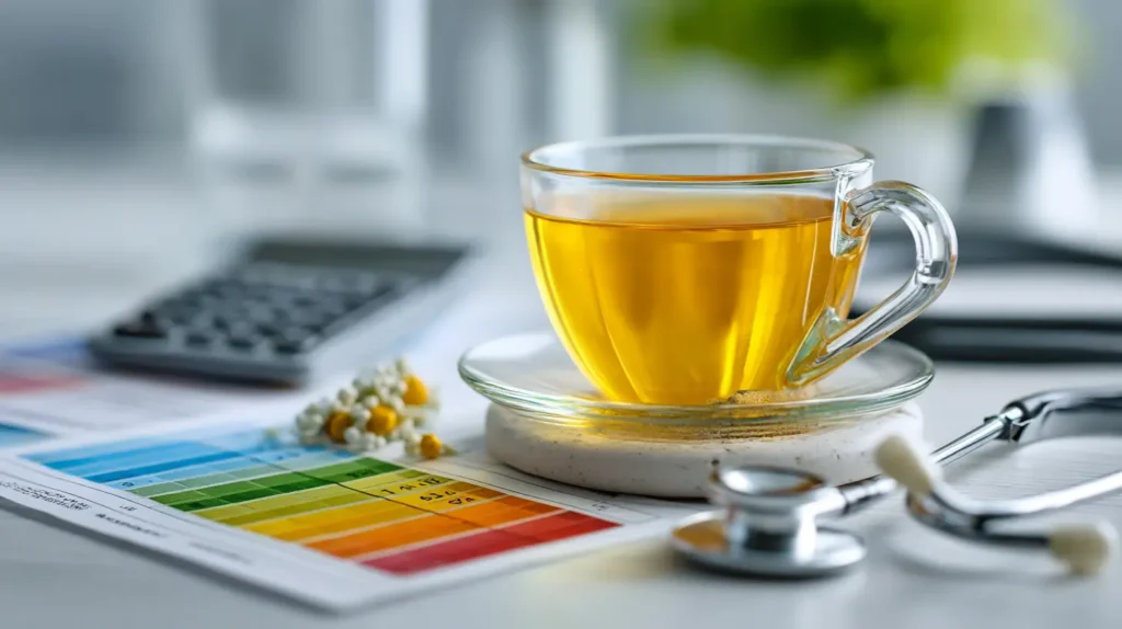 costa rican tea benefits for inflammation showing lab results with CRP reduction from 6.8 to 2.4 mg/L alongside golden tea glass