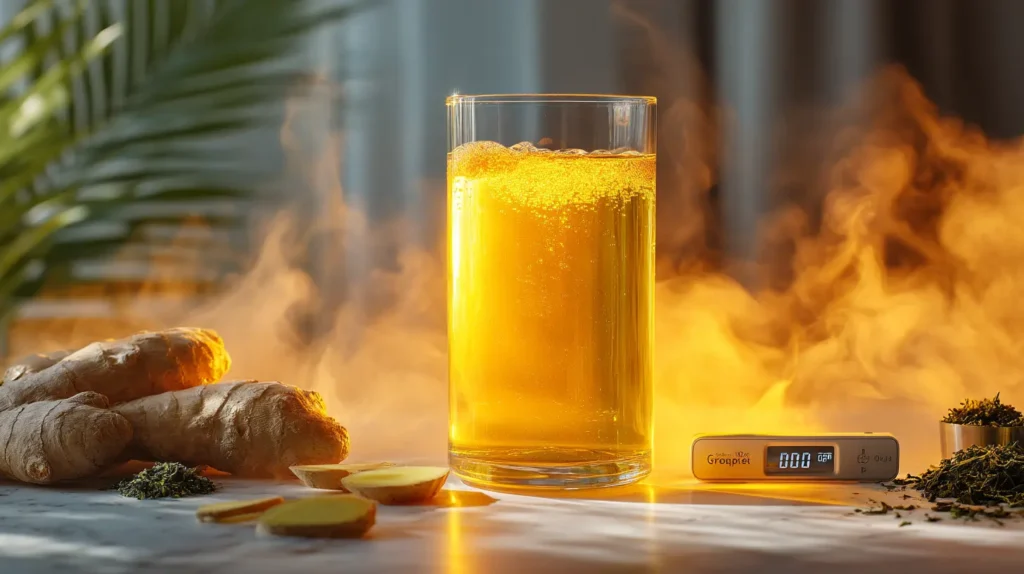 costa rican tea benefits thermogenesis visualization showing golden tea with warm glow representing increased calorie burning metabolism boost