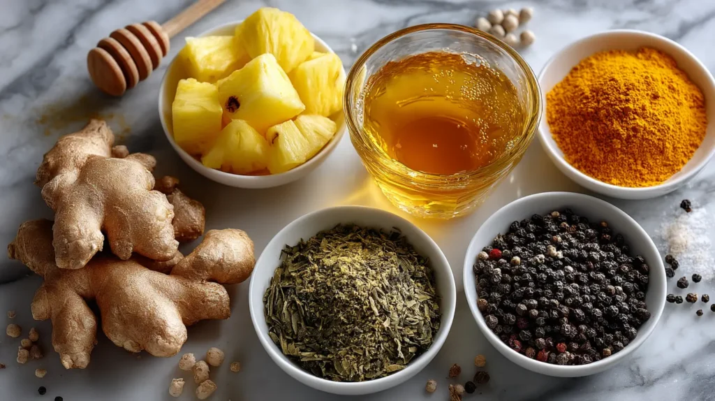 costa rican tea ingredients showing six components in circular arrangement with scientific compound names demonstrating synergistic benefits