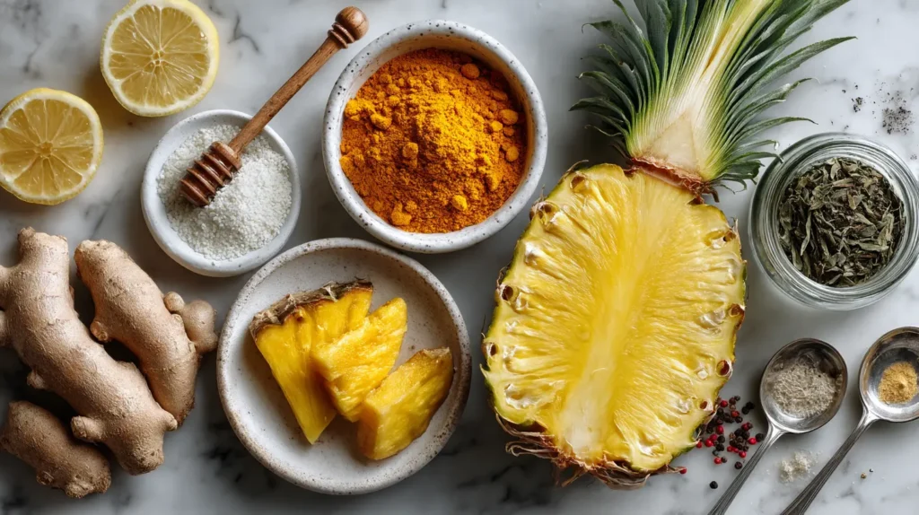 costa rican tea ingredients for weight loss including fresh pineapple ginger root turmeric powder green tea honey black pepper on white marble