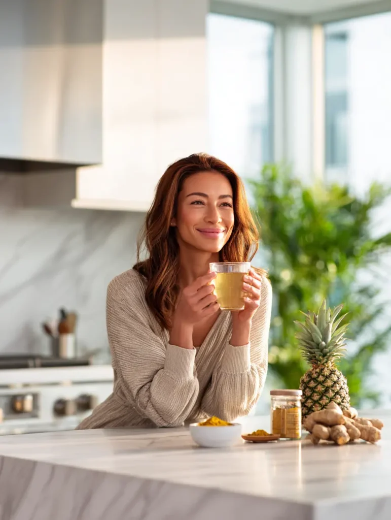 How to Prepare Costa Rican Slimming Tea Step-by-Step For Weight Loss 4 woman enjoying costa rican slimming tea step-by-step preparation during morning routine white modern kitchen representing healthy weight loss lifestyle