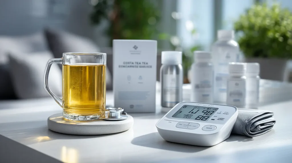 costa rican tea side effects blood pressure monitoring showing tea glass with digital blood pressure monitor and medical safety information