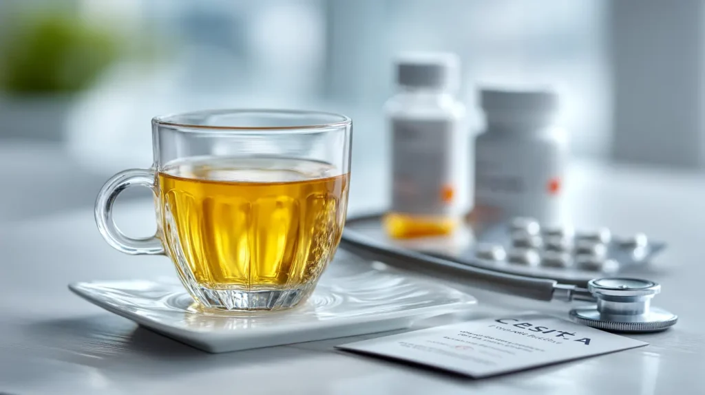 costa rican tea side effects safety information with medical consultation theme showing tea glass and healthcare monitoring equipment