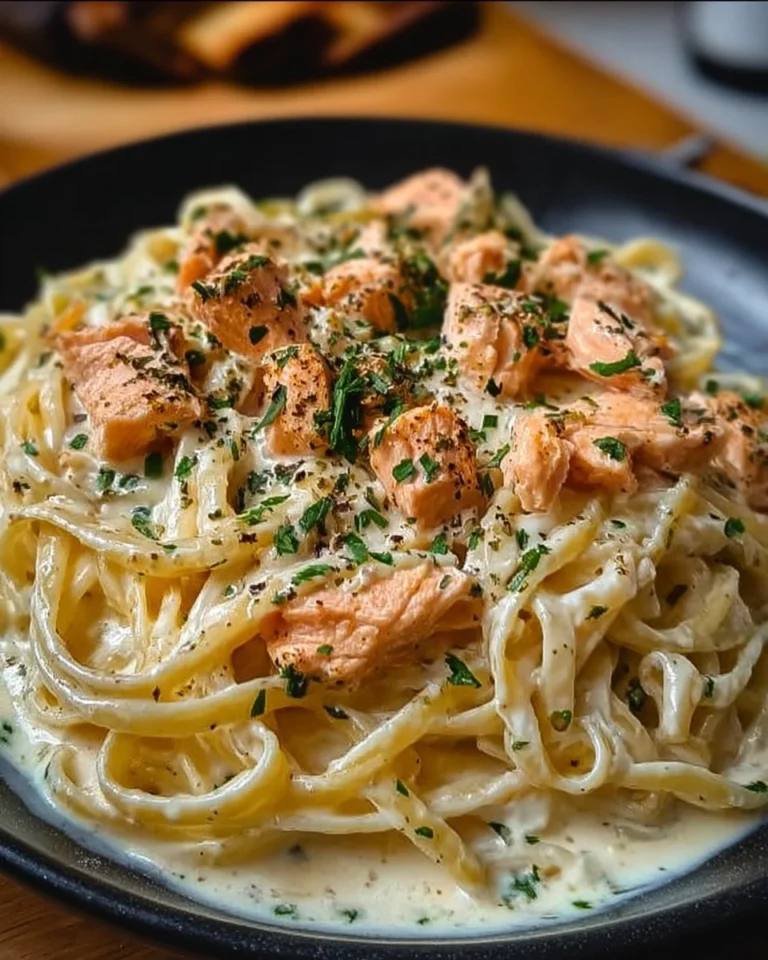 Creamy garlic salmon pasta served in a bowl with fresh herbs