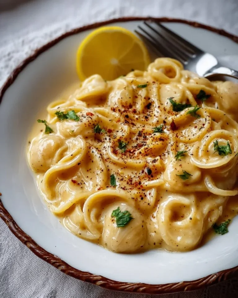 Creamy roast garlic and lemon pasta sauce served over spaghetti