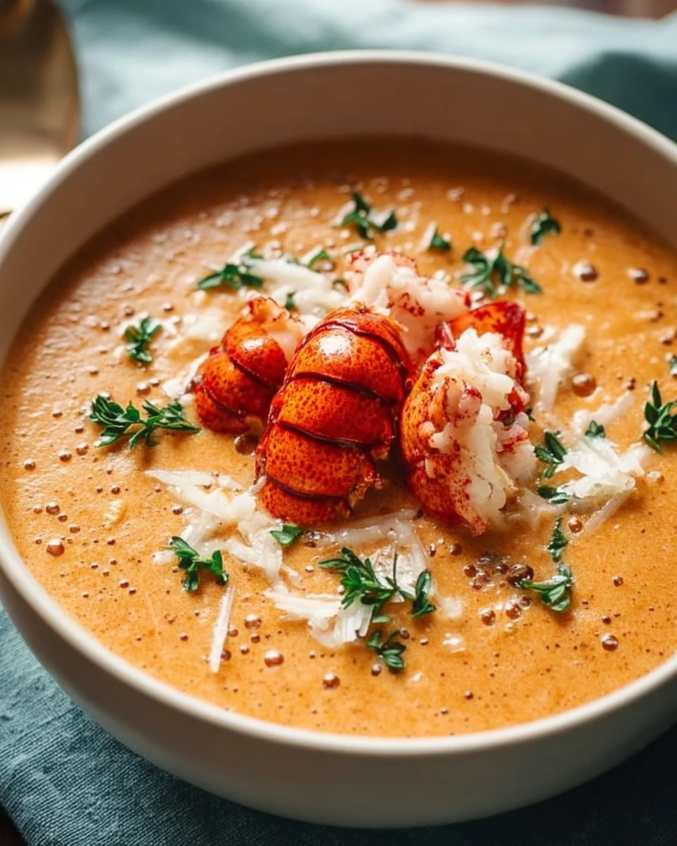 A bowl of decadent langostino lobster bisque garnished with herbs.