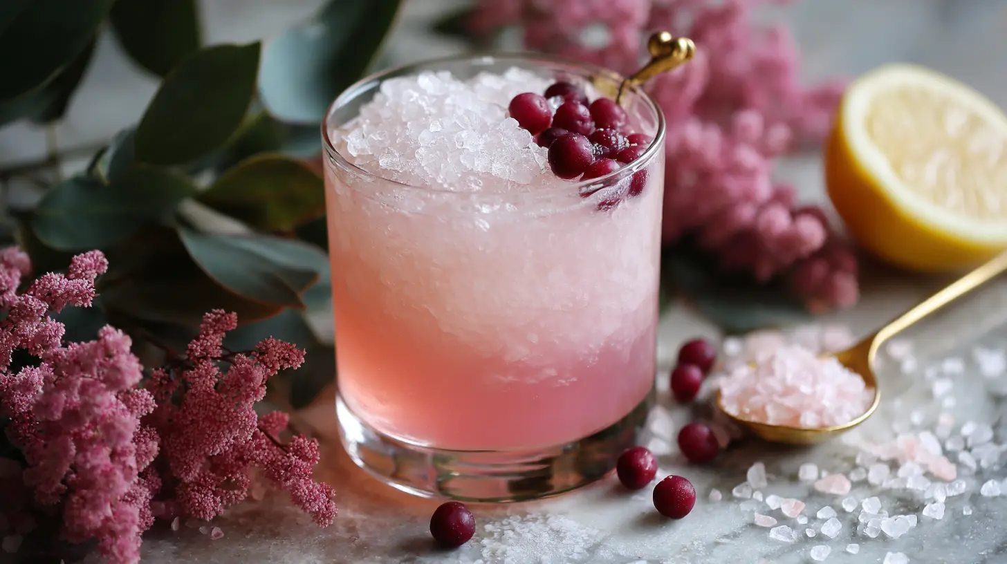 Pink salt weight loss drink in a glass with ice and berries showing the pink salt trick for weight loss.