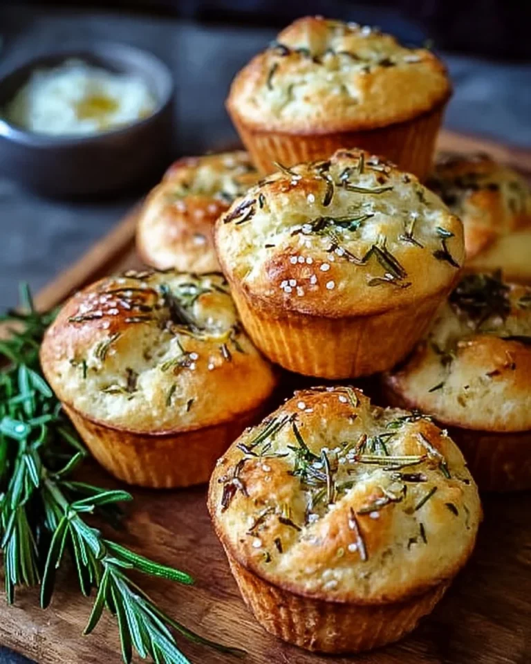 Freshly baked garlic rosemary focaccia muffins on a wooden table.