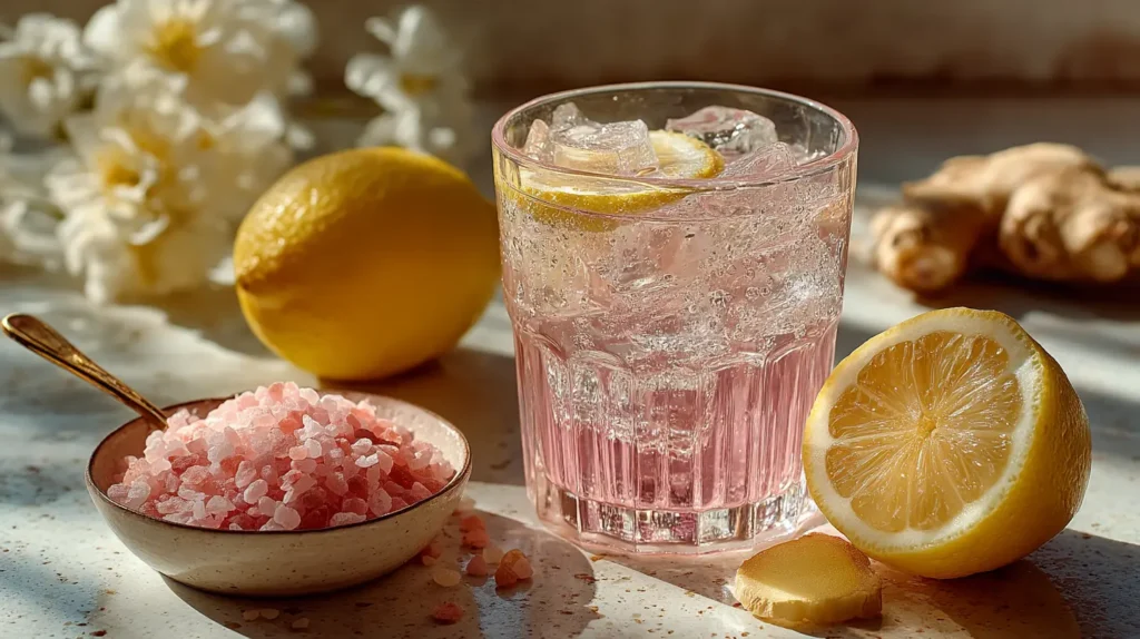 Glass of pink-tinted ice water with lemon, ginger, and pink Himalayan salt on a white kitchen counter in bright morning light.