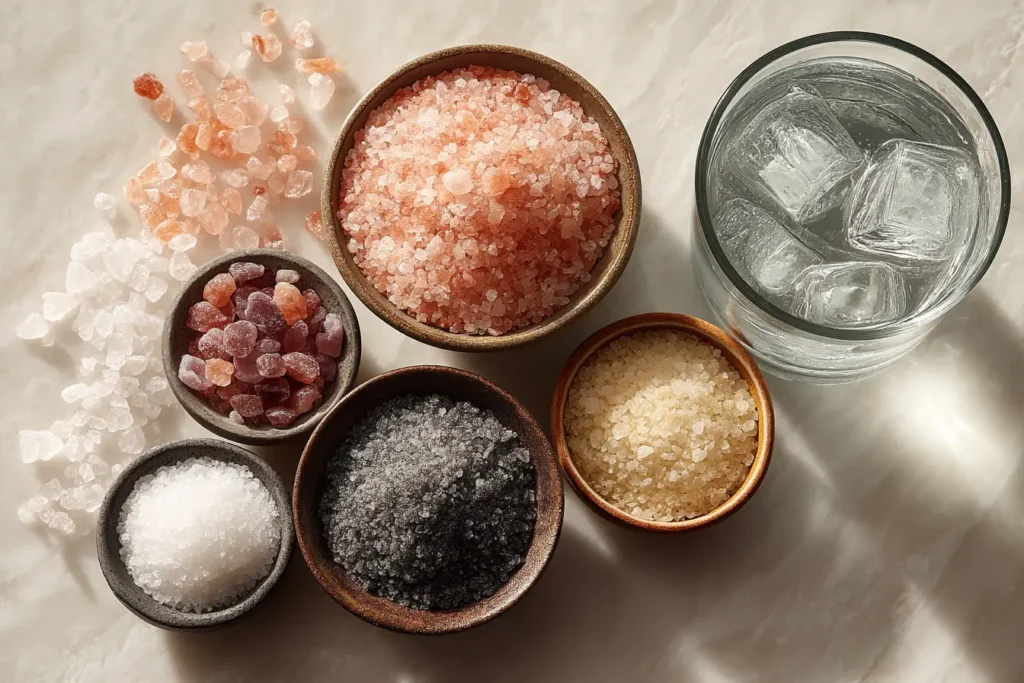 Small bowls of pink Himalayan salt, gray Celtic sea salt, and white cream of tartar beside a tall glass of ice water on a marble counter in natural morning light.