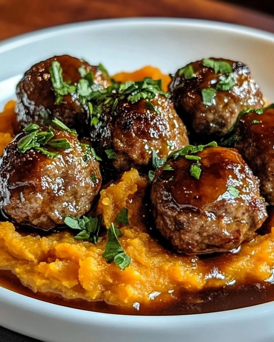 Pork meatballs with sweet potato mash and bourbon-maple sauce on a plate