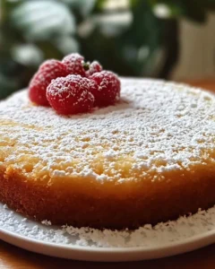 Flourless Coconut Greek Yogurt Cake topped with coconut flakes and berries.
