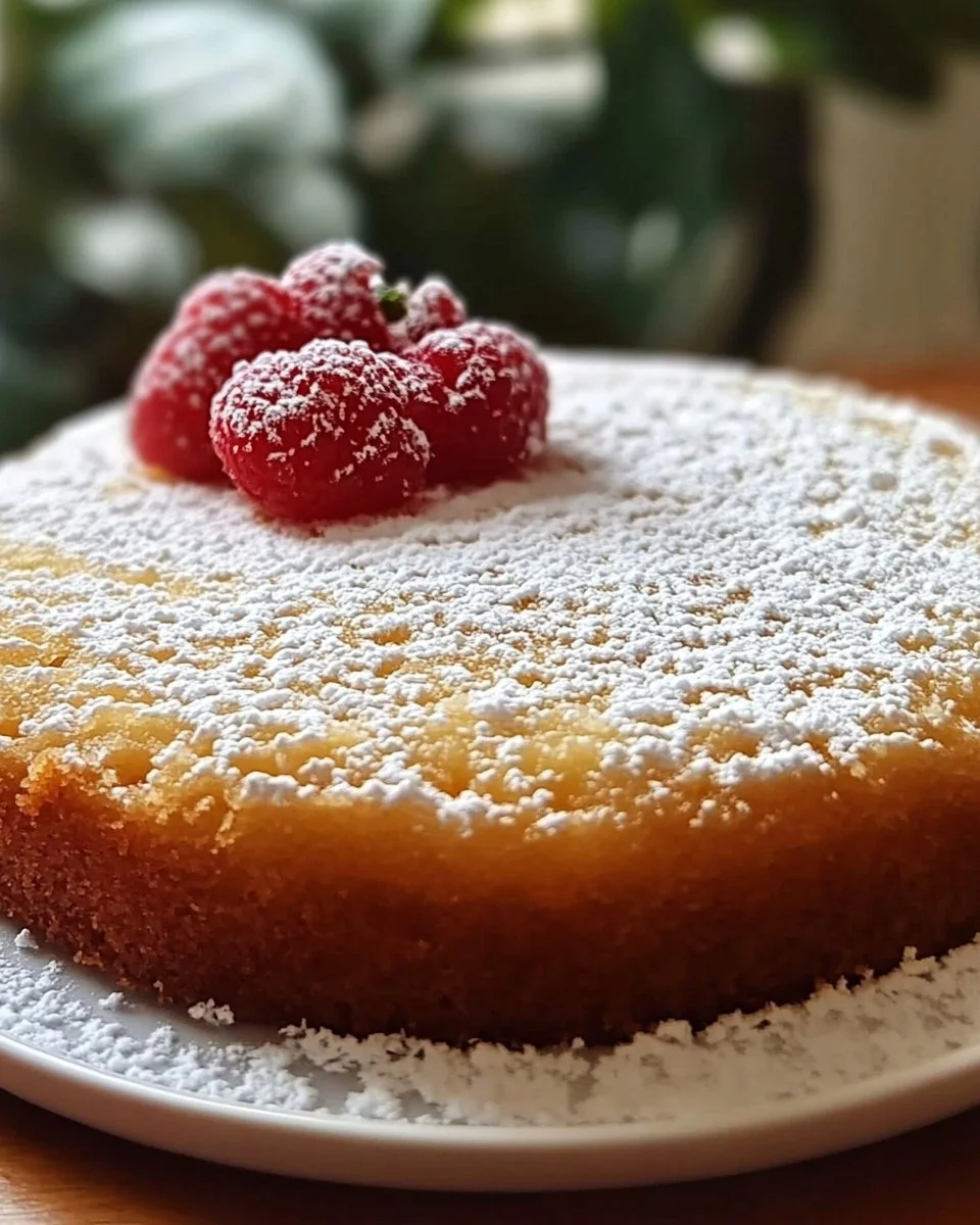 Flourless Coconut Greek Yogurt Cake topped with coconut flakes and berries.