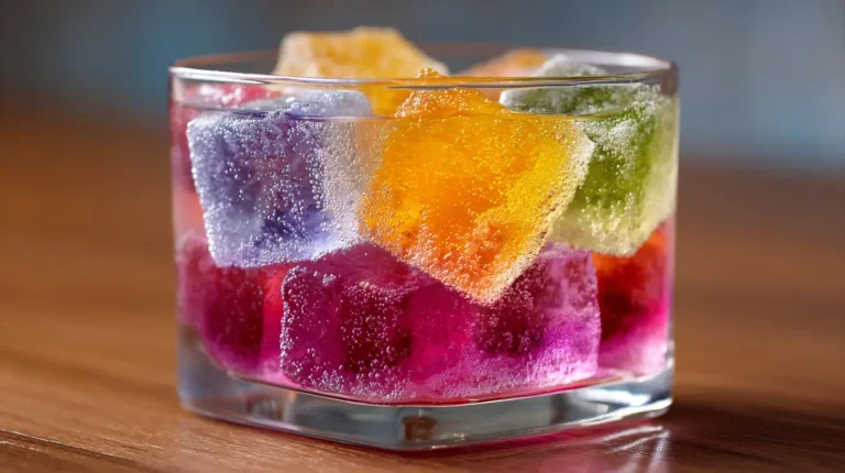 Colorful gelatin cubes in a glass, illustrating a refreshing gelatin trick meal plan drink.