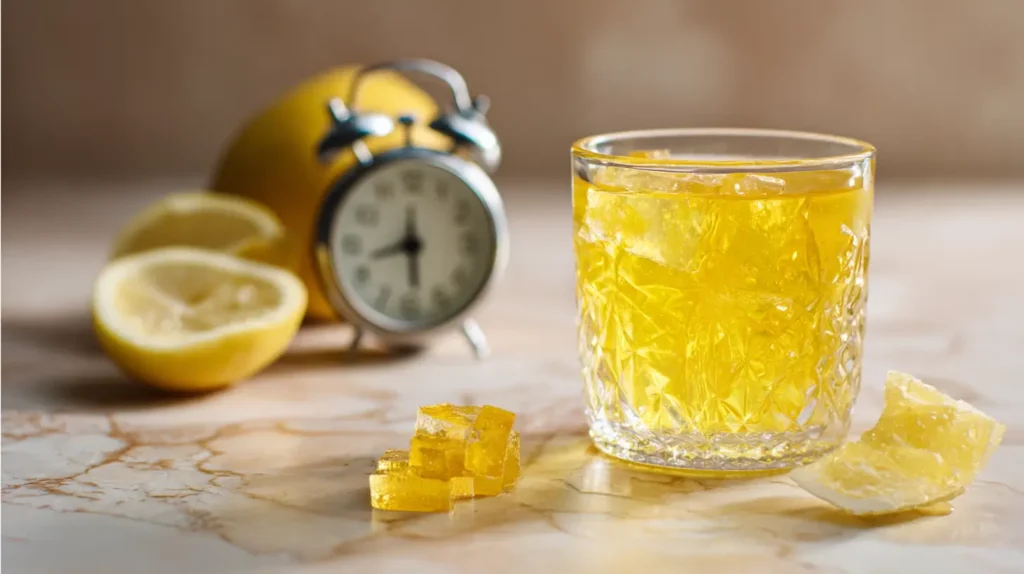 Glass of gelatin drink timed 20 minutes before lunch in a gelatin trick meal plan.