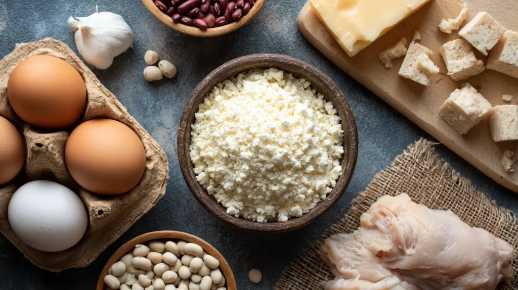 Comparison plate showing gelatin next to high-quality protein foods to explain gelatin trick risks.