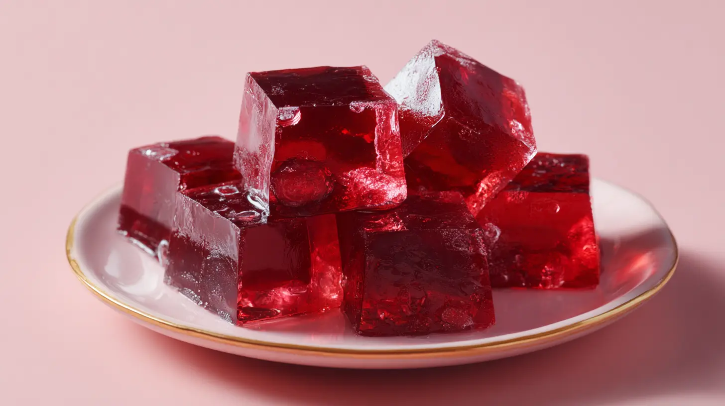 Red gelatin cubes on a small plate illustrating gelatin vs other proteins for weight loss hero image.