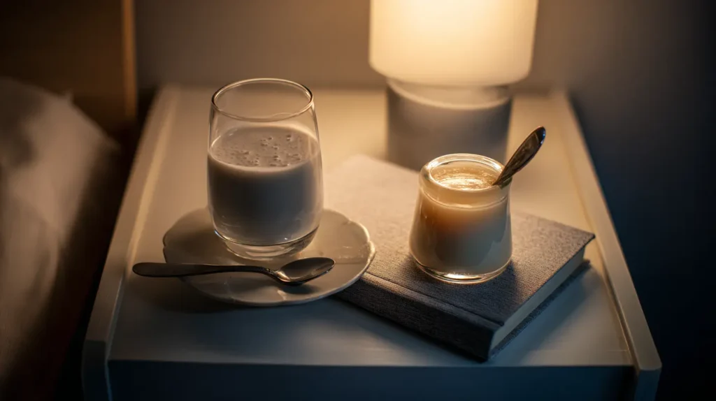 Bedside casein shake and gelatin cup illustrating gelatin vs protein for weight loss at night.