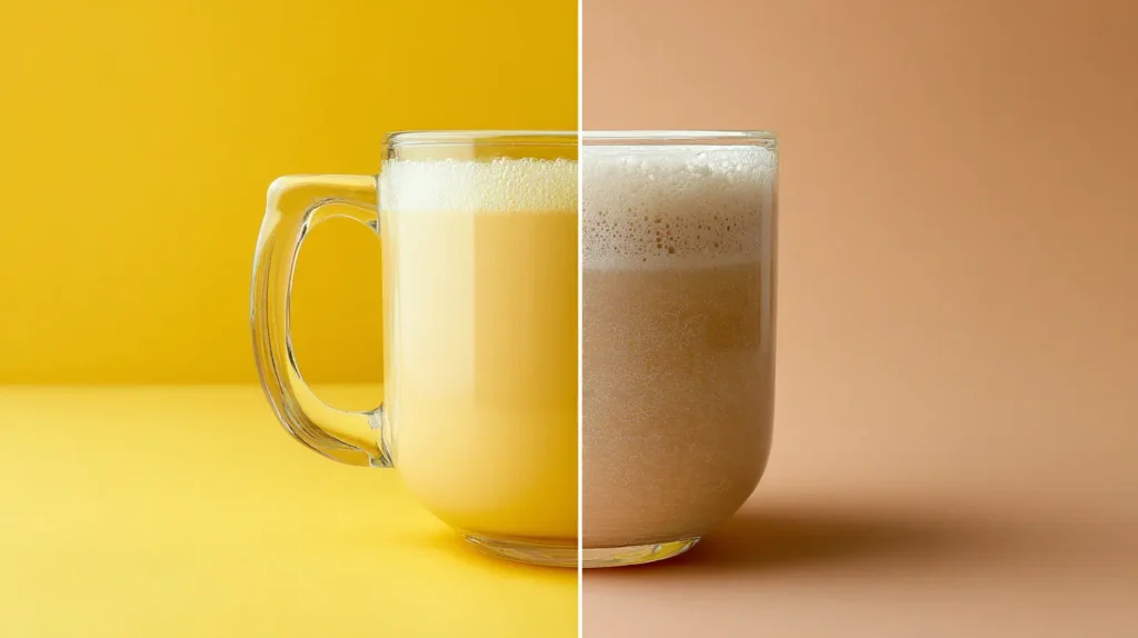 Glass of gelatin drink next to protein shake to show gelatin vs protein for weight loss options.
