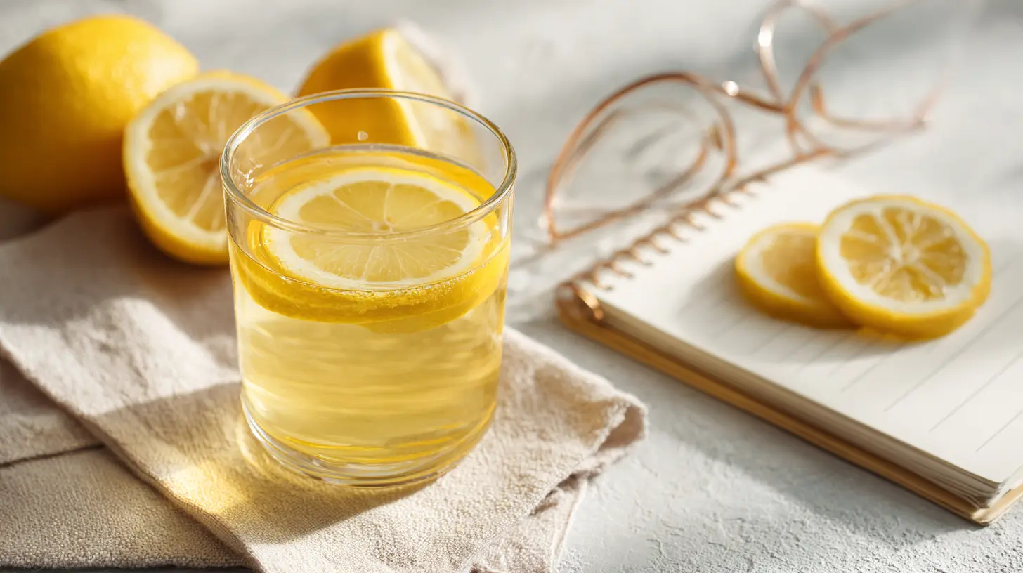Glass of lemon gelatin drink on a table next to a notebook, inspired by gelatin weight loss studies.