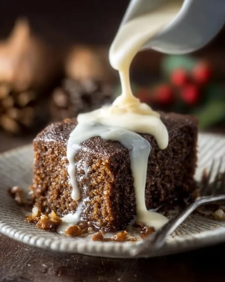 Gingerbread cake served with vanilla cream sauce on a festive plate.
