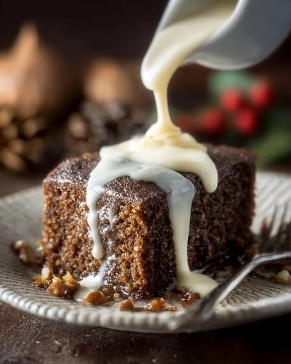 Gingerbread cake served with vanilla cream sauce on a festive plate.