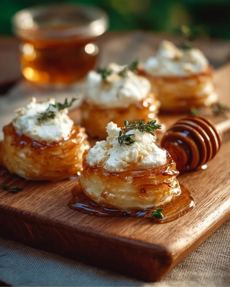 Delicious goat cheese bites with honey on a serving platter