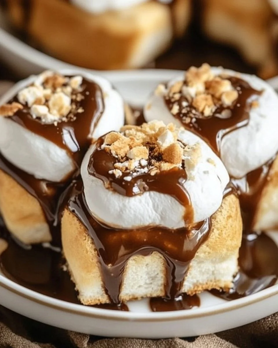 Gooey S'mores Rolls with melted chocolate and marshmallows on a plate