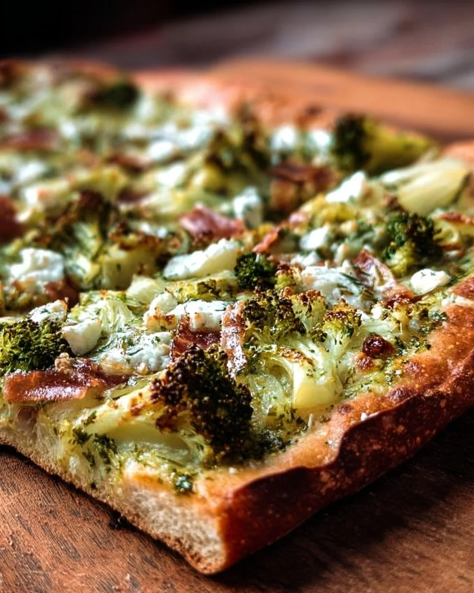 A delicious green pizza topped with fresh vegetables and herbs.