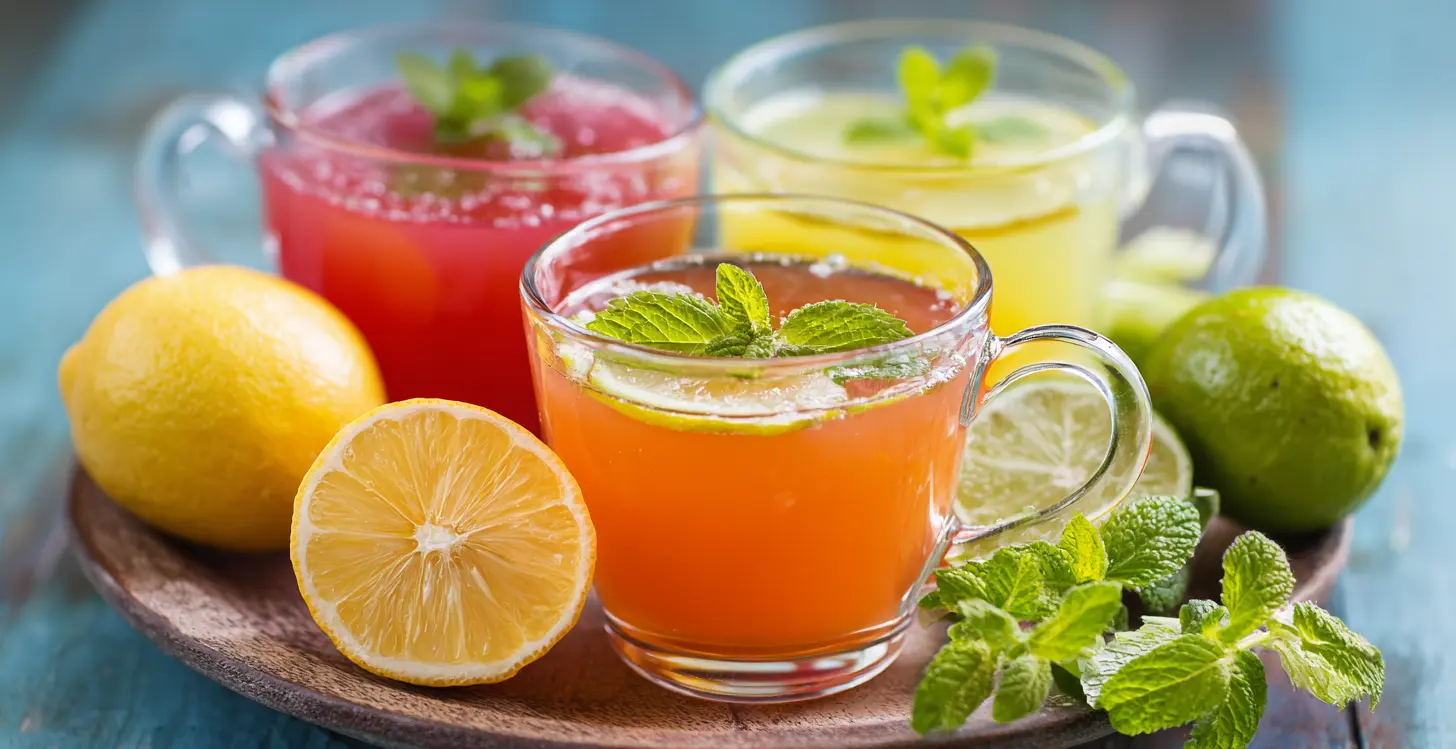 Hero image showing various flavor and variation ideas for how to make gelatin drink for weight loss, including citrus, apple cider vinegar, herbal tea, berries, and electrolyte options.