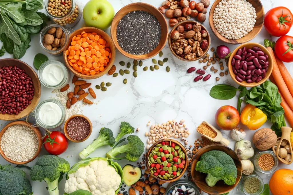 high fiber foods for constipation prevention including vegetables, fruits, whole grains, beans, nuts and seeds