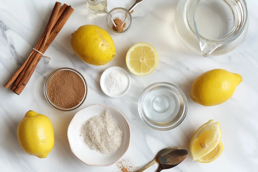 Homemade mounjaro recipe ingredients including glucomannan powder, Ceylon cinnamon, apple cider vinegar, and fresh lemons