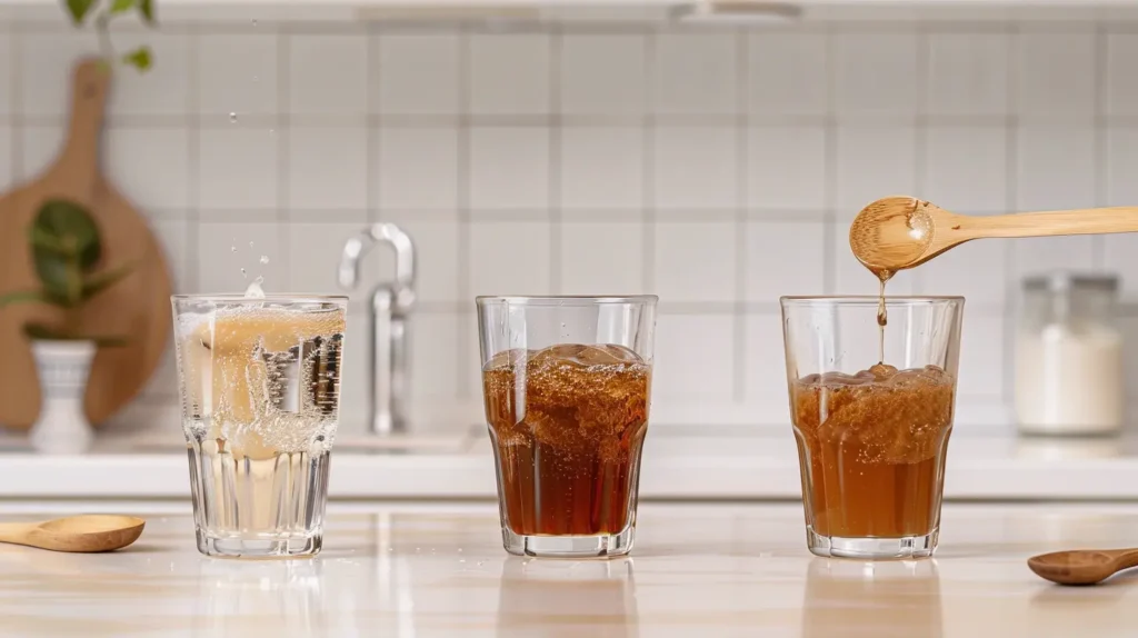 Step-by-step preparation of homemade mounjaro recipe showing water turning into a gel-like drink