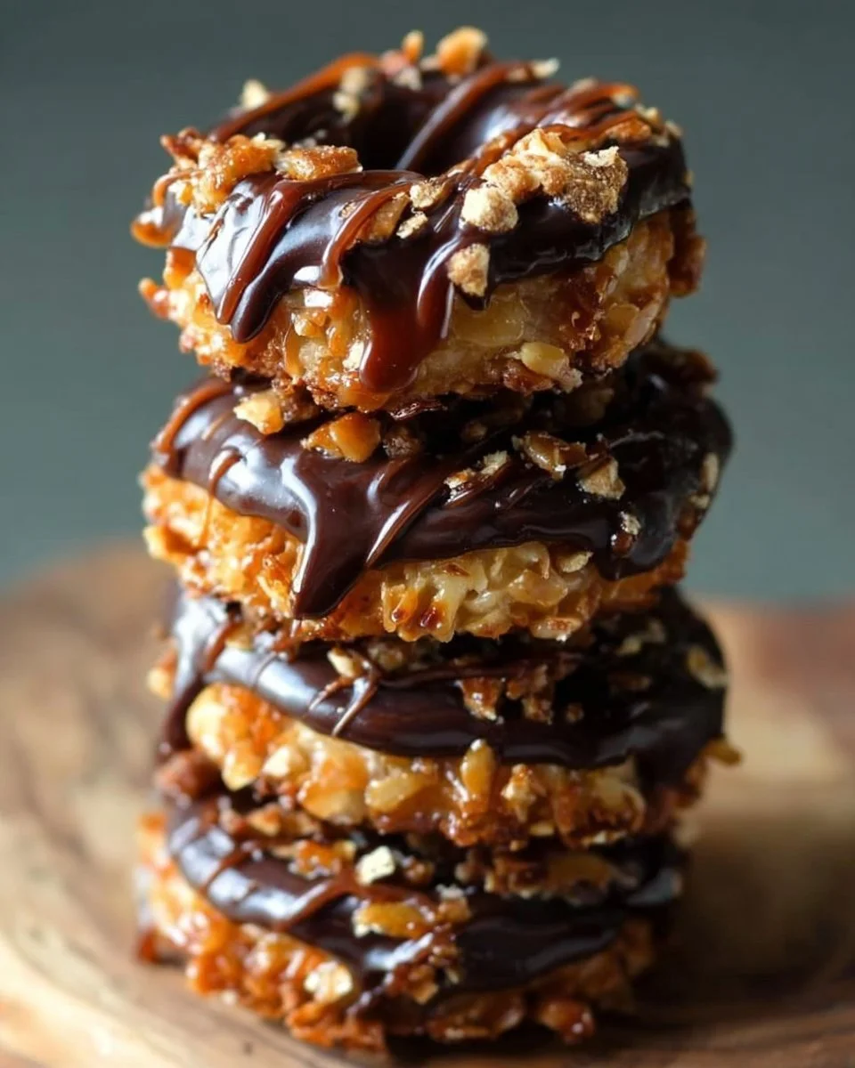 Delicious homemade Samoas cookies topped with chocolate and coconut