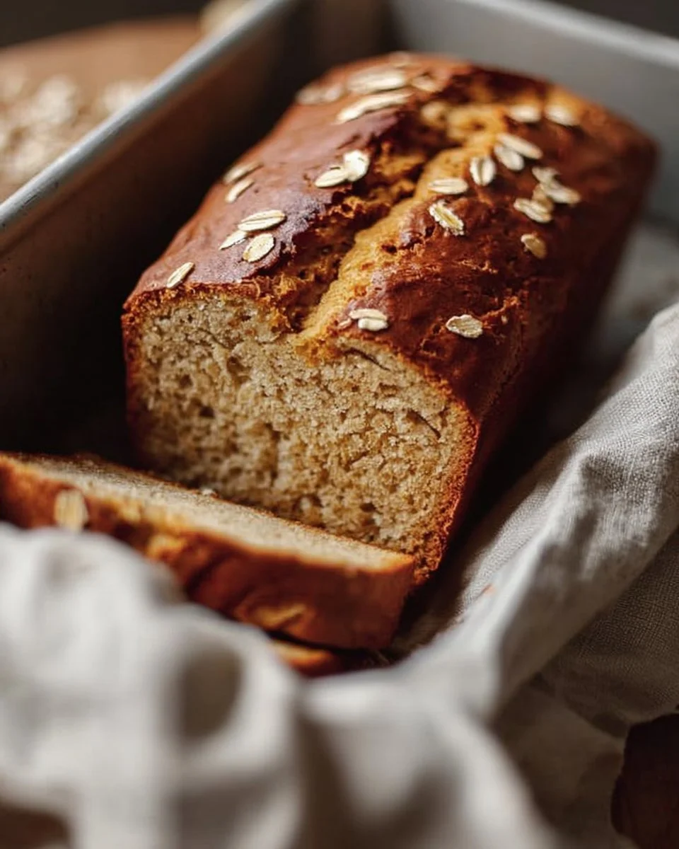Freshly baked honey cinnamon oatmeal bread with a golden crust.