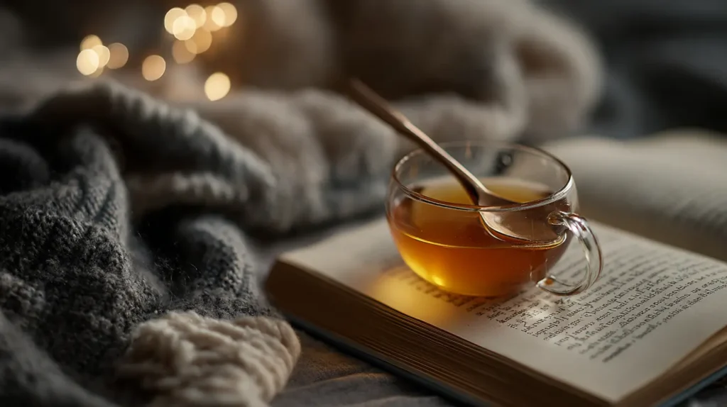 Bedtime honey trick for weight loss shown with a spoon of honey and a journal.