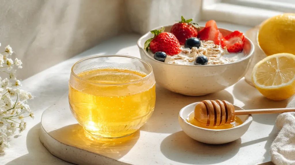 Healthy breakfast scene featuring the honey trick for weight loss drink.