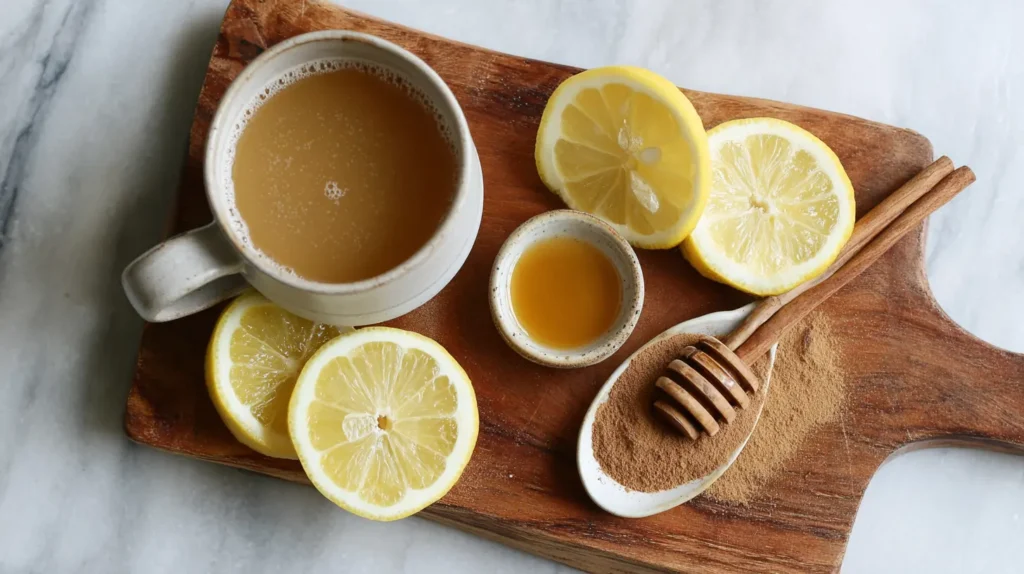 Measured ingredients for the honey trick for weight loss drink on a cutting board.