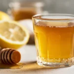 Warm honey lemon water in a glass as part of the honey trick for weight loss.
