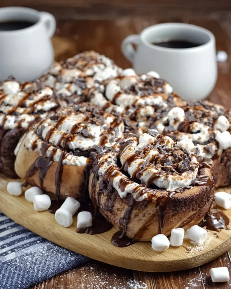 Homemade hot chocolate cinnamon rolls with marshmallow cream for a sweet breakfast