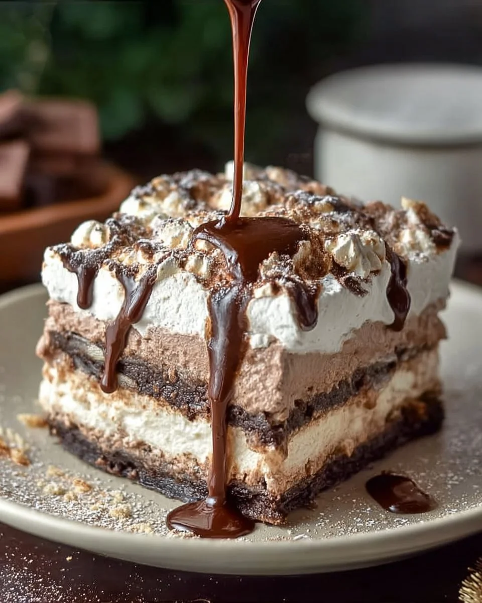 Delicious hot chocolate lasagna layered with rich chocolate and creamy filling