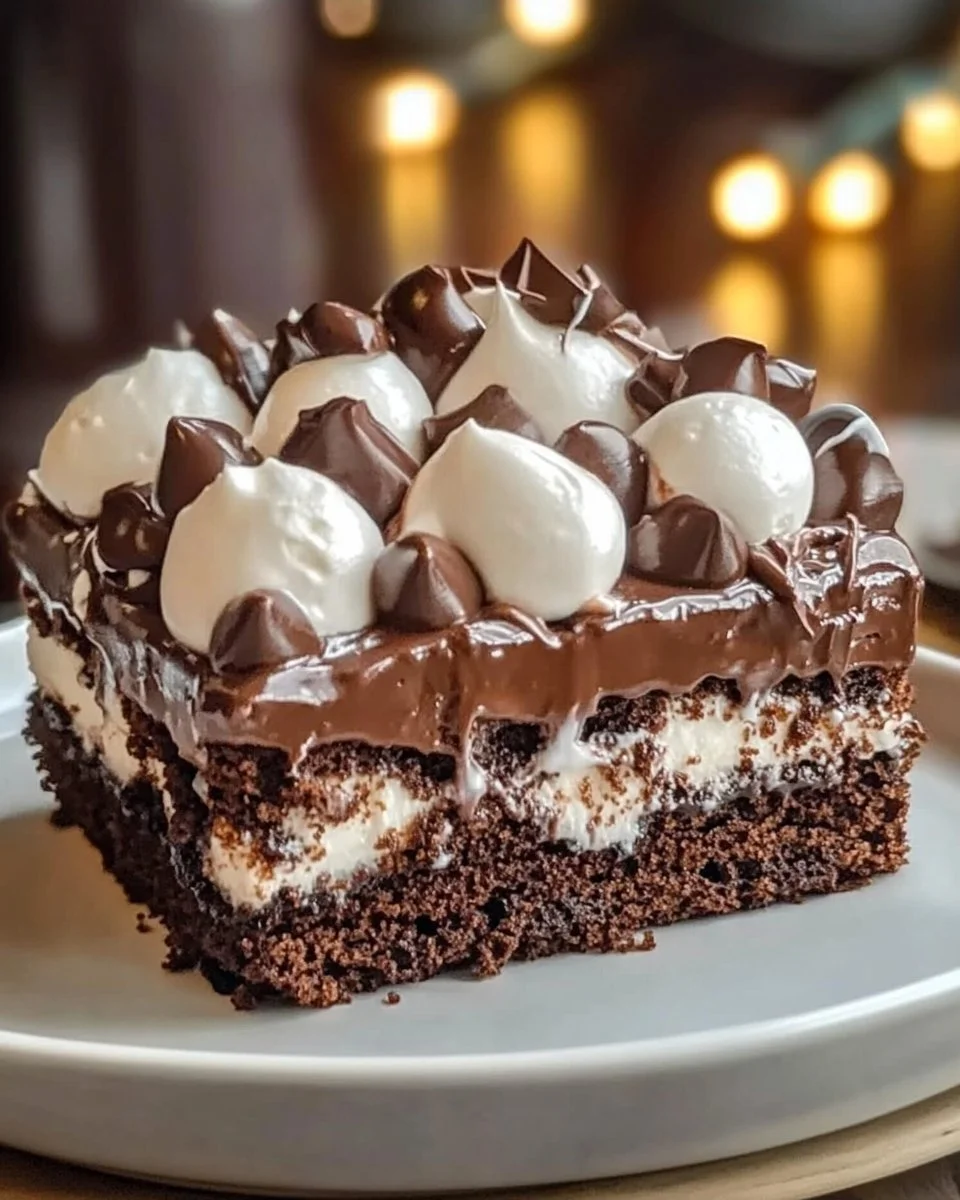 Delicious hot chocolate poke cake topped with chocolate ganache and whipped cream.