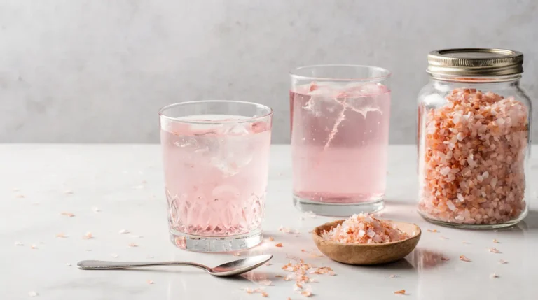 Glass of pink salt water and measuring spoon illustrating how much pink salt daily to use safely.