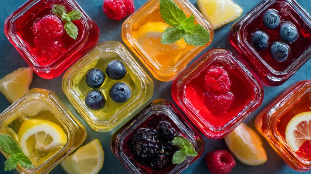 Colorful jelly cups showing how to make gelatin drink for weight loss as grab-and-go snacks.