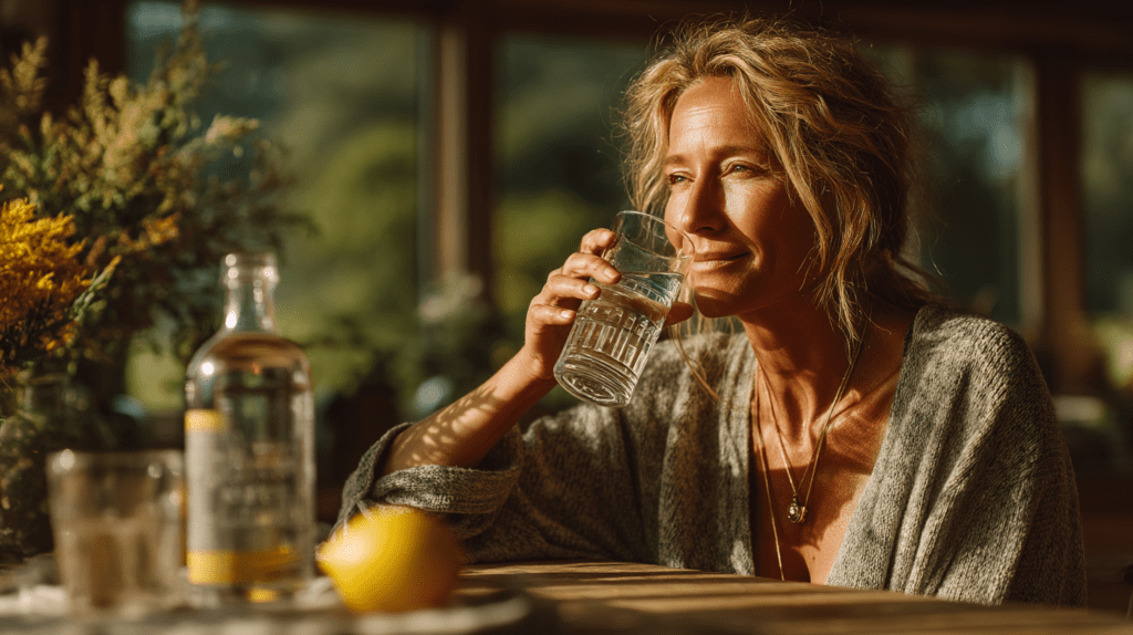 woman drinking homemade zepbound recipe through straw morning wellness routine