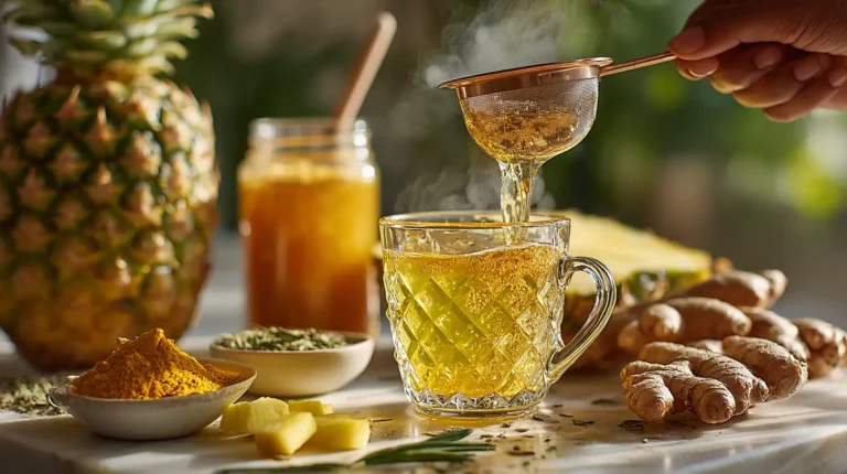 how to prepare costa rican slimming tea step-by-step hands pouring golden tea through strainer with fresh ginger turmeric pineapple ingredients on white marble counter
