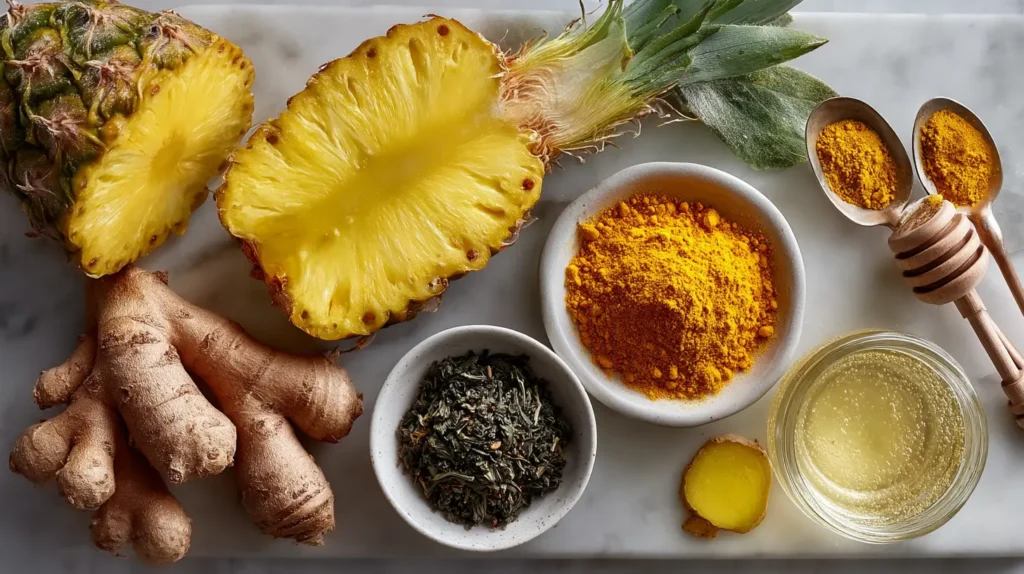 How to Prepare Costa Rican Slimming Tea Step-by-Step For Weight Loss 1 ingredients for costa rican tea for weight loss including fresh pineapple ginger root turmeric powder green tea leaves raw honey on white marble countertop